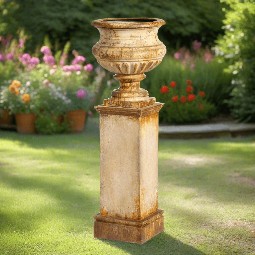 Antique-Style Iron Garden Urn with Tall Pedestal
