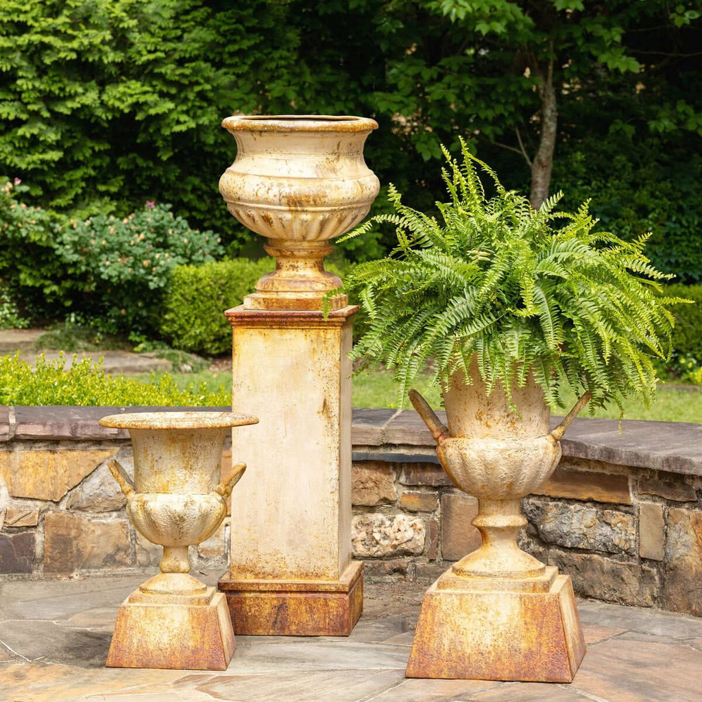 Antique-Style Iron Garden Urn with Tall Pedestal