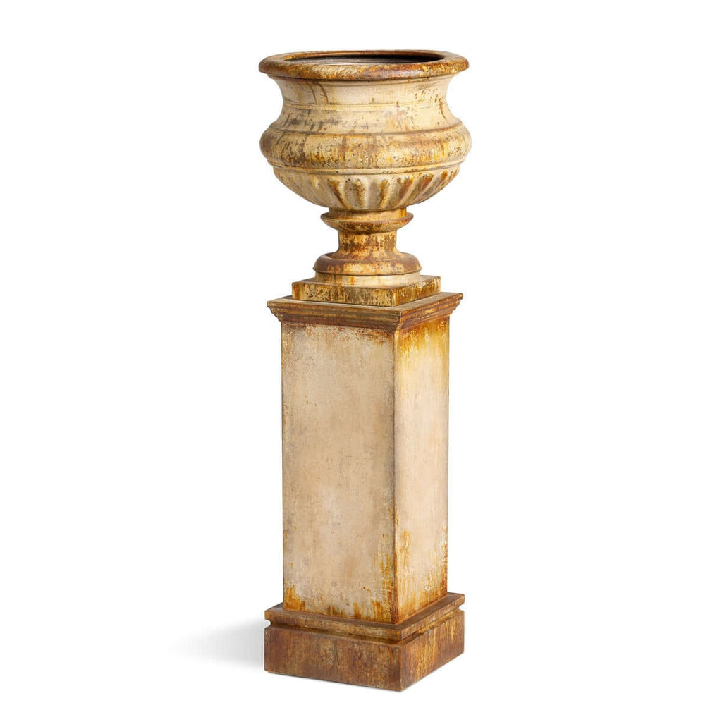 Antique-Style Iron Garden Urn with Tall Pedestal