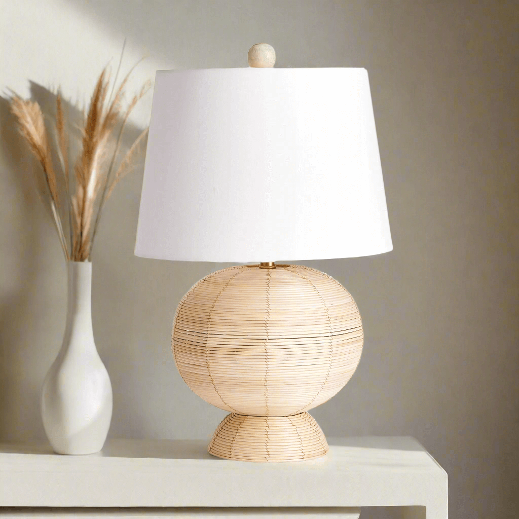 Boho Globe Rattan Lamp with Tapered White Shade