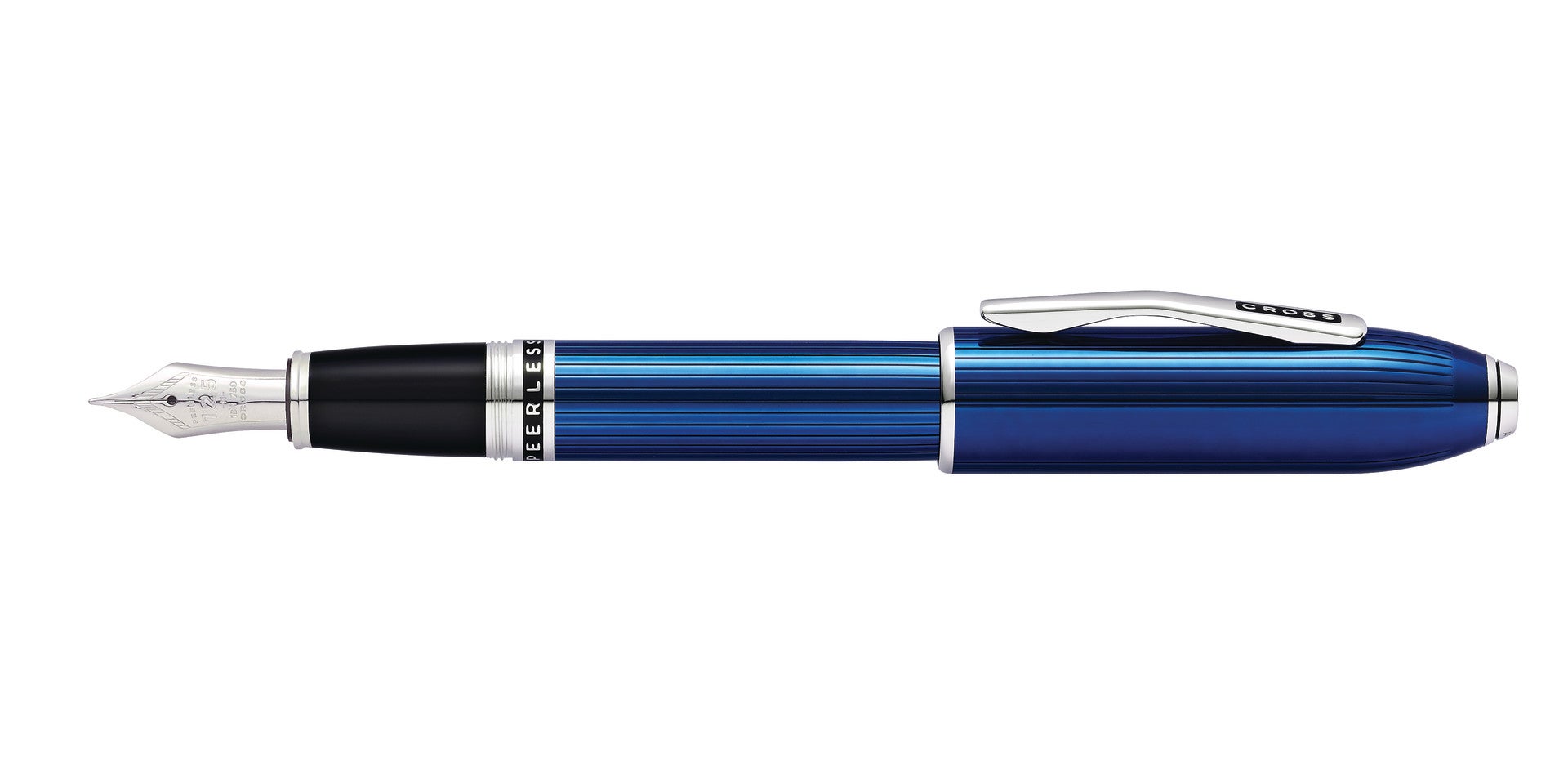 Peerless™ Translucent Quartz Blue Engraved Lacquer with Platinum Plated Appointments and Rhodium Plated 18KT Solid Gold Medium Nib Fountain Pen