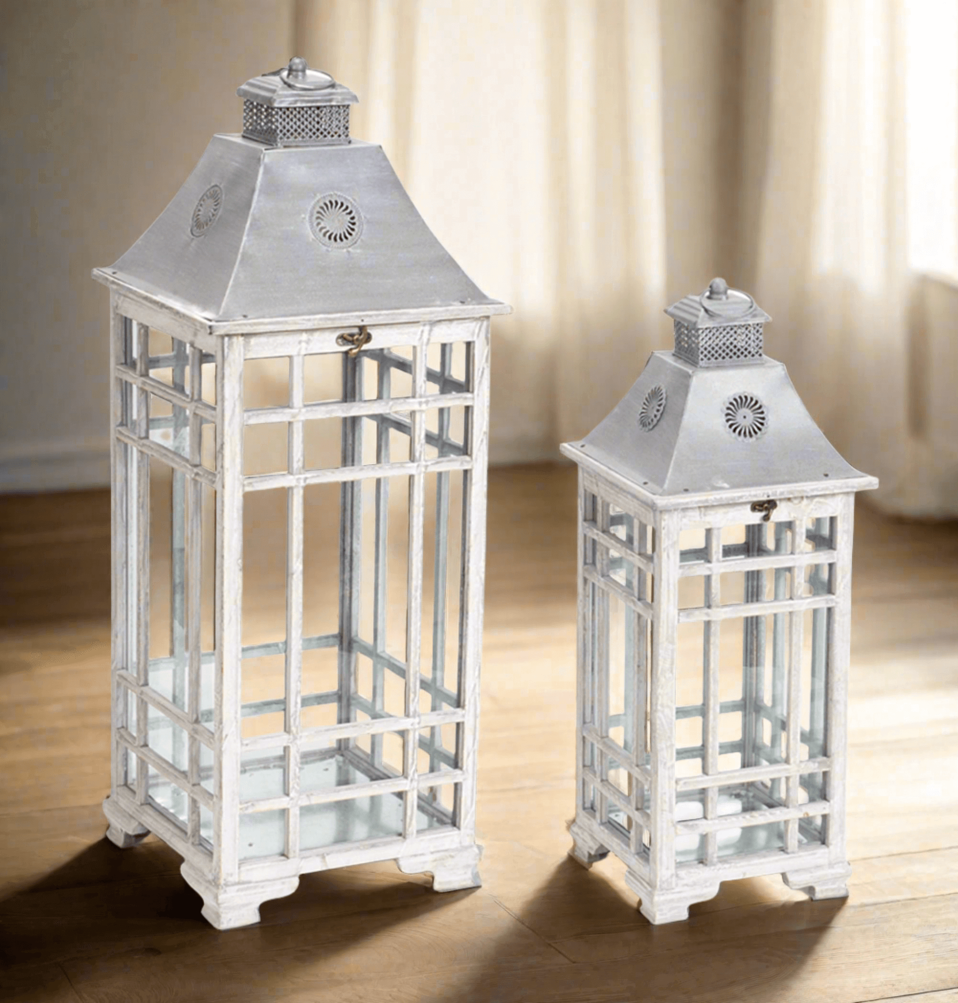 Farmhouse Floor Lanterns with Metal Lid (Set of 2)