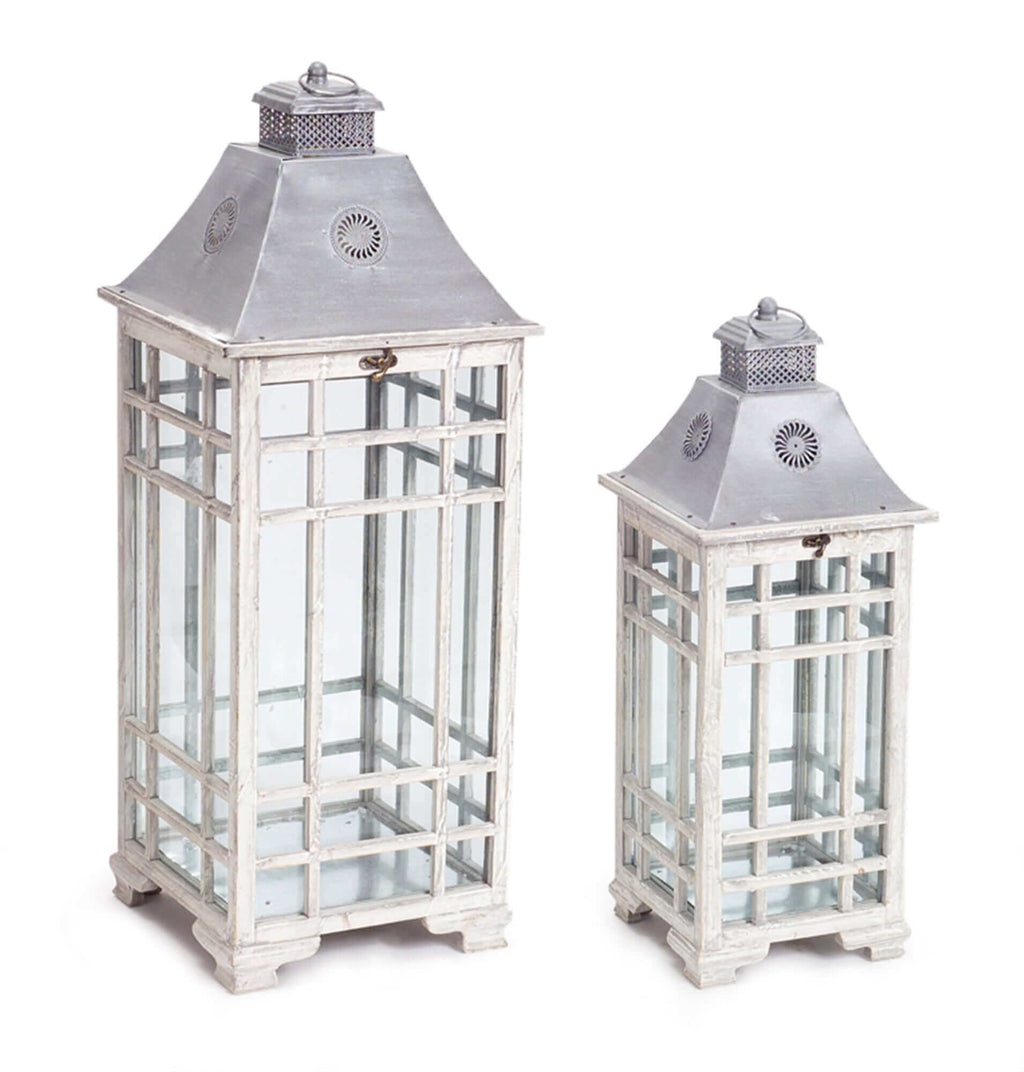 Farmhouse Floor Lanterns with Metal Lid (Set of 2)