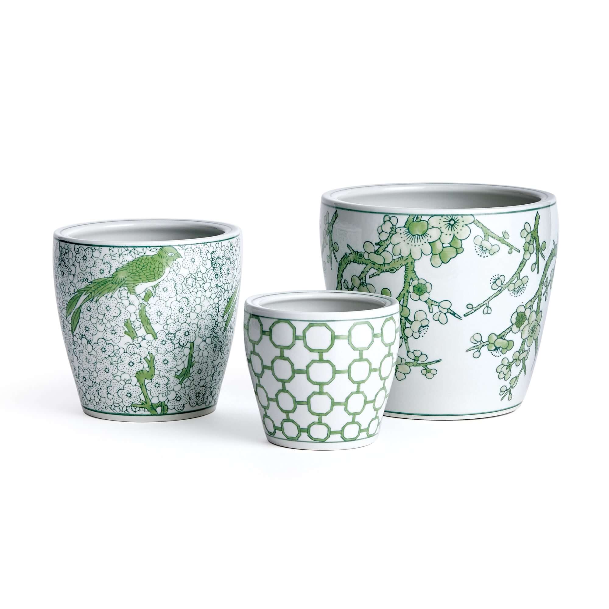 Green and White Chinoiserie Ceramic Planters (Set of 3)