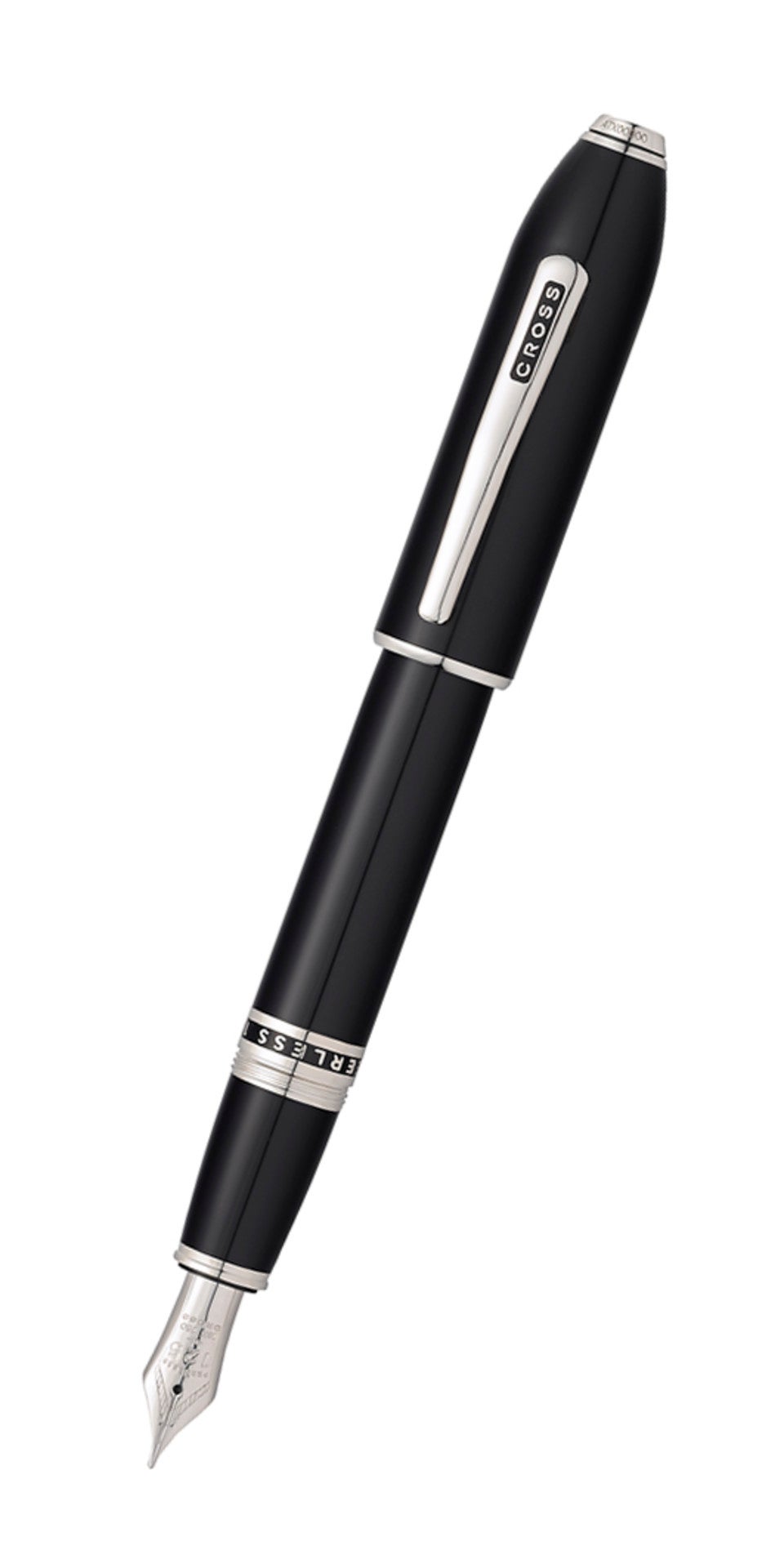 Peerless™ Obsidian Black Lacquer with Platinum Plated Appointments and Rhodium Plated 18KT Solid Gold Medium Nib Fountain Pen