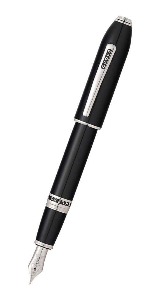 Peerless™ Obsidian Black Lacquer with Platinum Plated Appointments and Rhodium Plated 18KT Solid Gold Medium Nib Fountain Pen