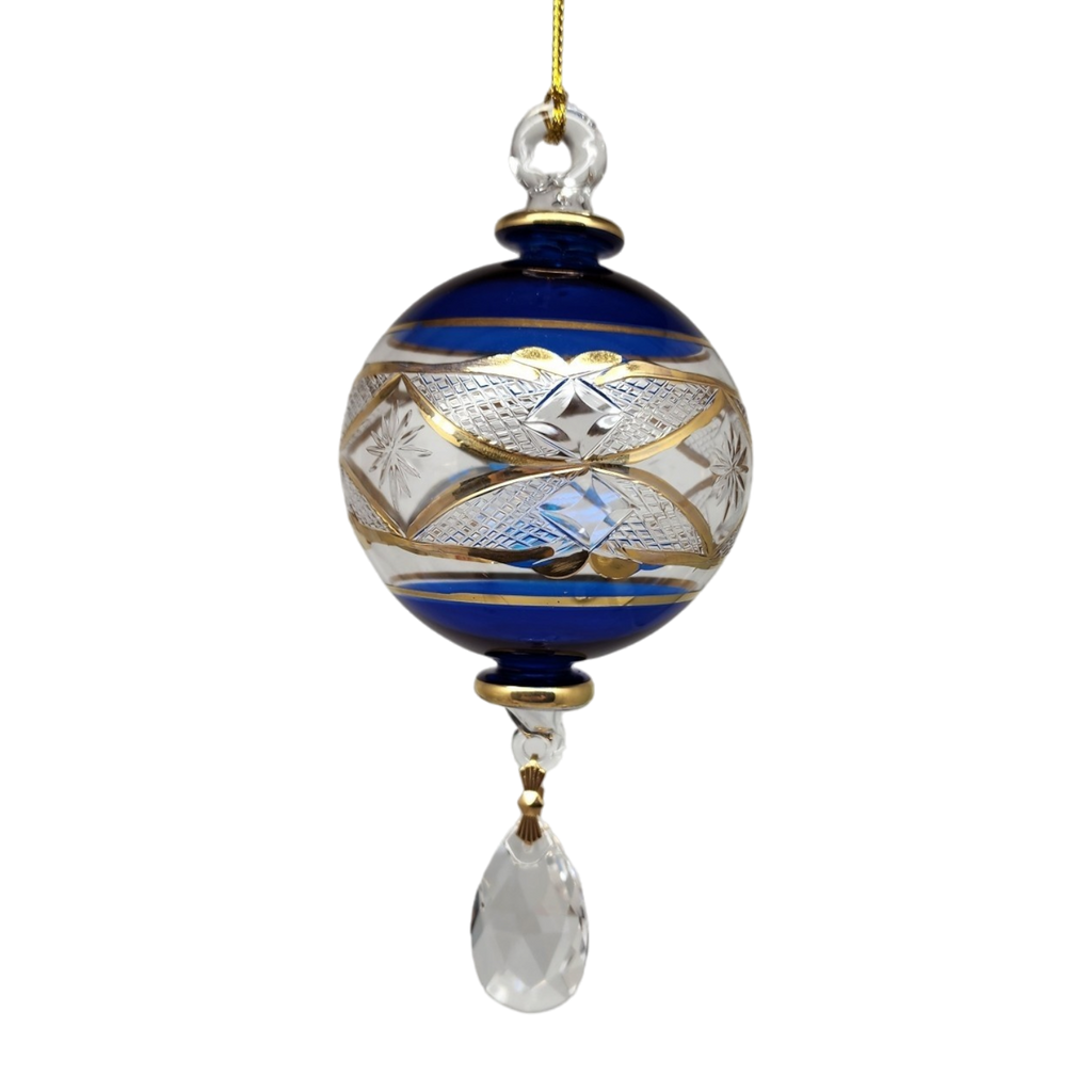 Etched Blown Glass Ball with Crystal Dangle - Blue