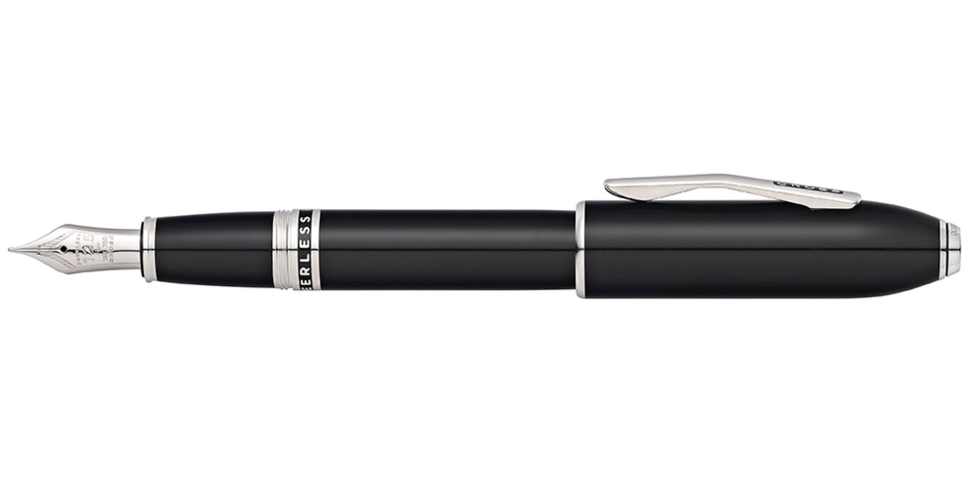 Peerless™ Obsidian Black Lacquer with Platinum Plated Appointments and Rhodium Plated 18KT Solid Gold Medium Nib Fountain Pen