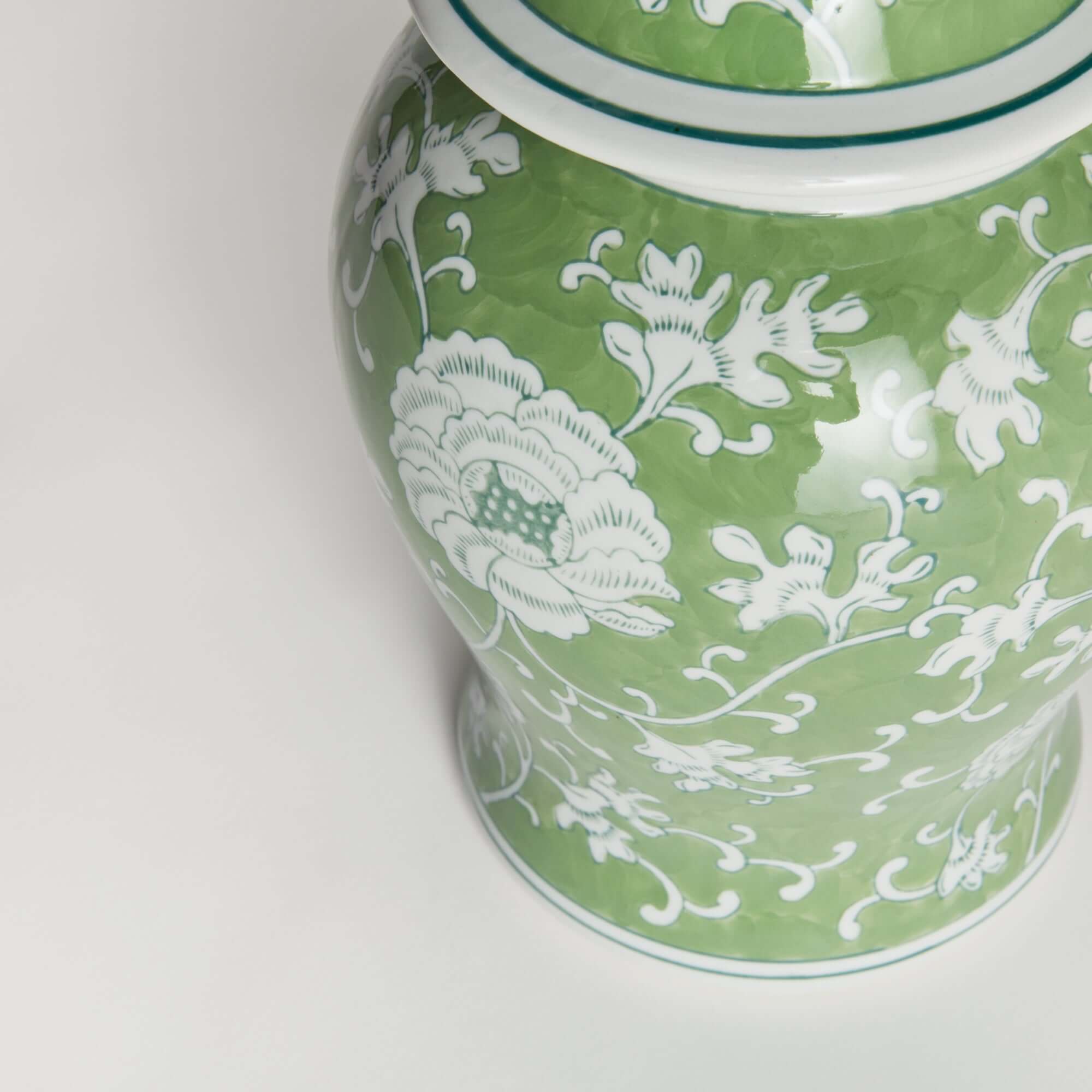 Porcelain Green Chinoiserie Lotus Ginger Jar with Lid