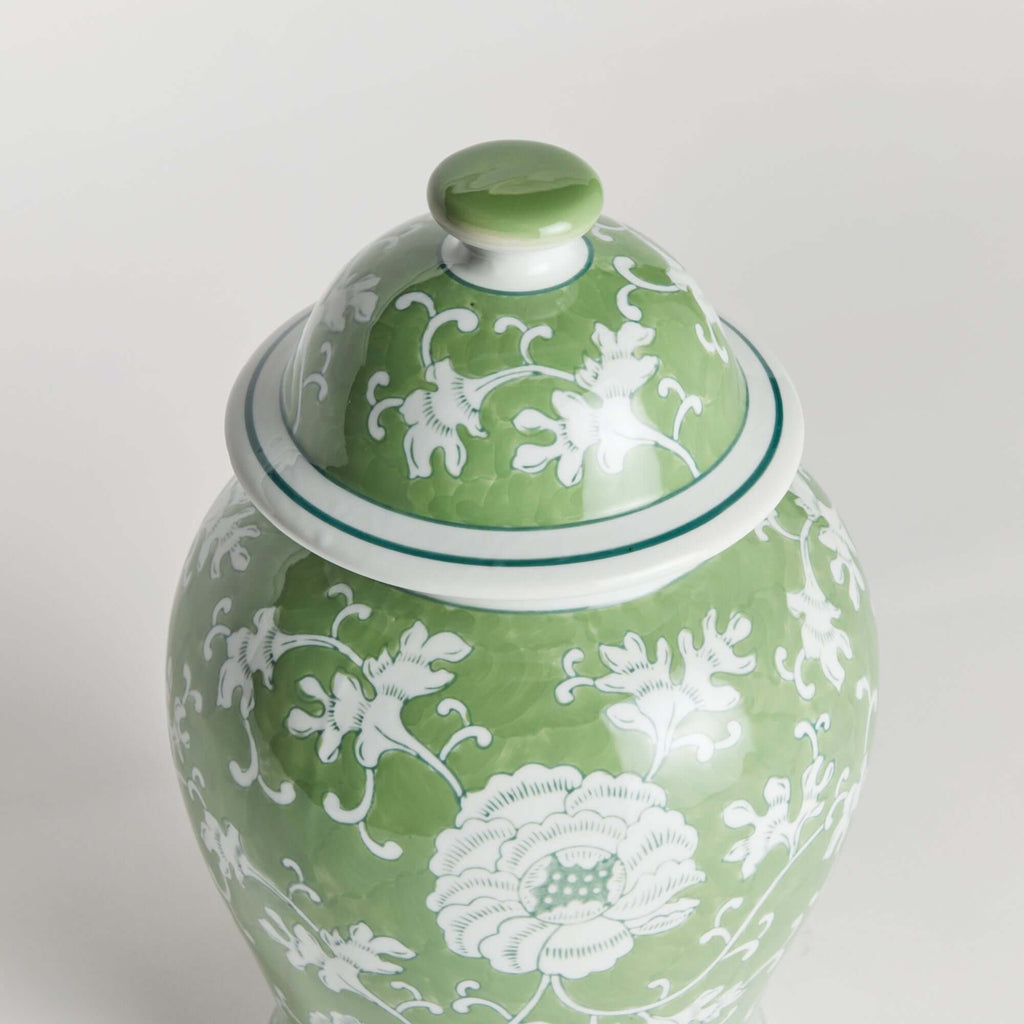 Porcelain Green Chinoiserie Lotus Ginger Jar with Lid