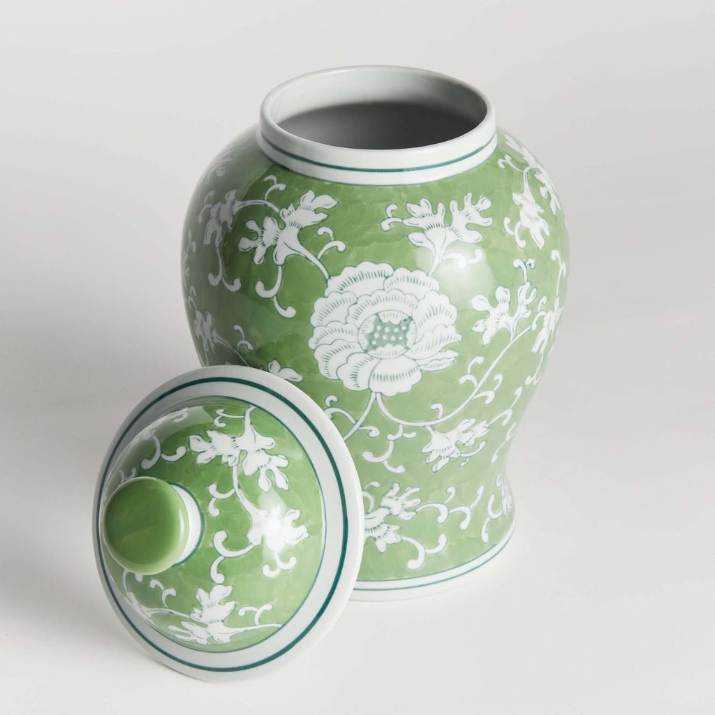 Porcelain Green Chinoiserie Lotus Ginger Jar with Lid