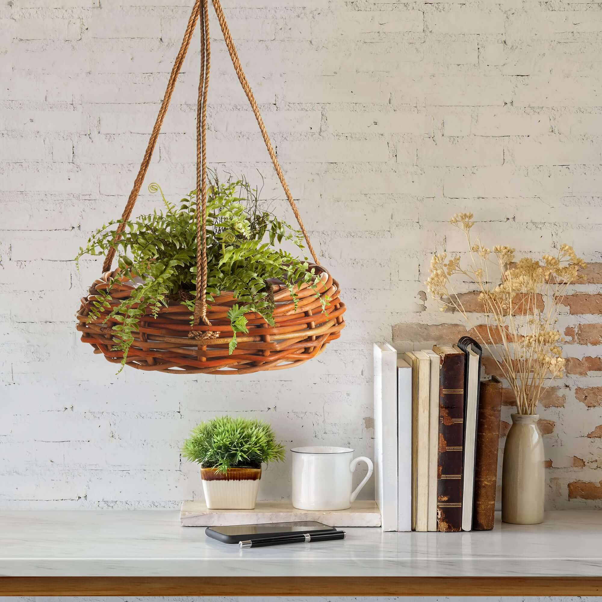 Vintage Rattan Hanging Basket with Metal Hook
