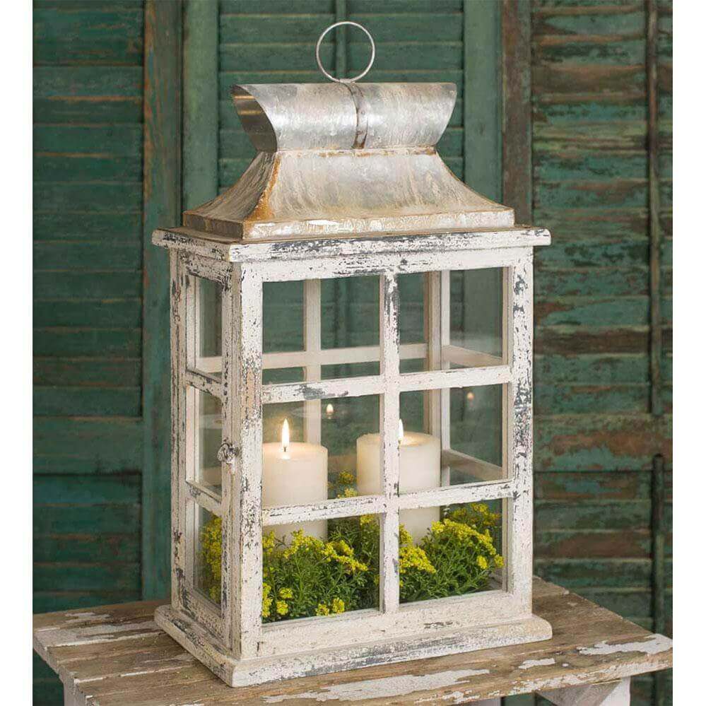 Distressed Cottagecore Lantern with Windowpanes