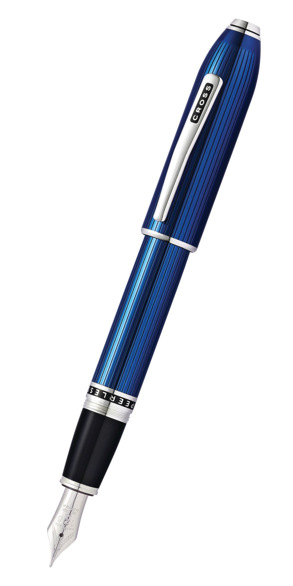 Peerless™ Translucent Quartz Blue Engraved Lacquer with Platinum Plated Appointments and Rhodium Plated 18KT Solid Gold Fine Nib Fountain Pen