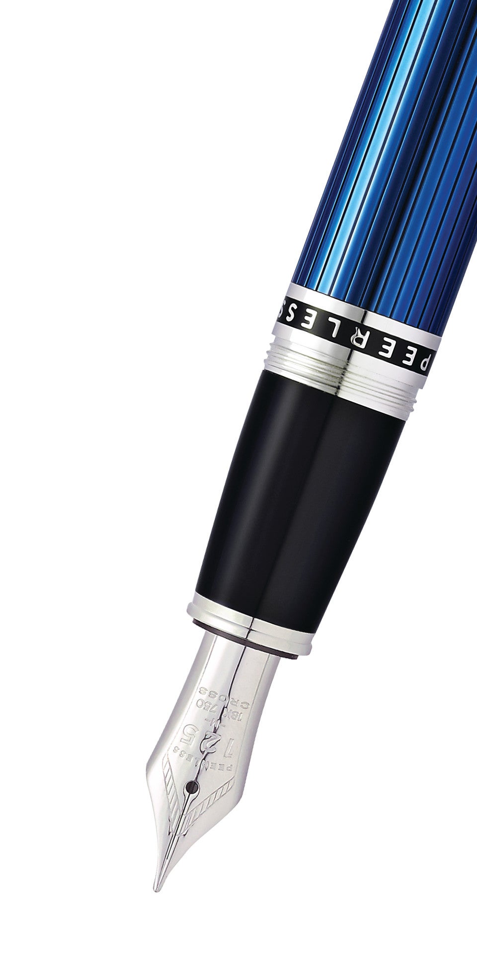 Peerless™ Translucent Quartz Blue Engraved Lacquer with Platinum Plated Appointments and Rhodium Plated 18KT Solid Gold Medium Nib Fountain Pen