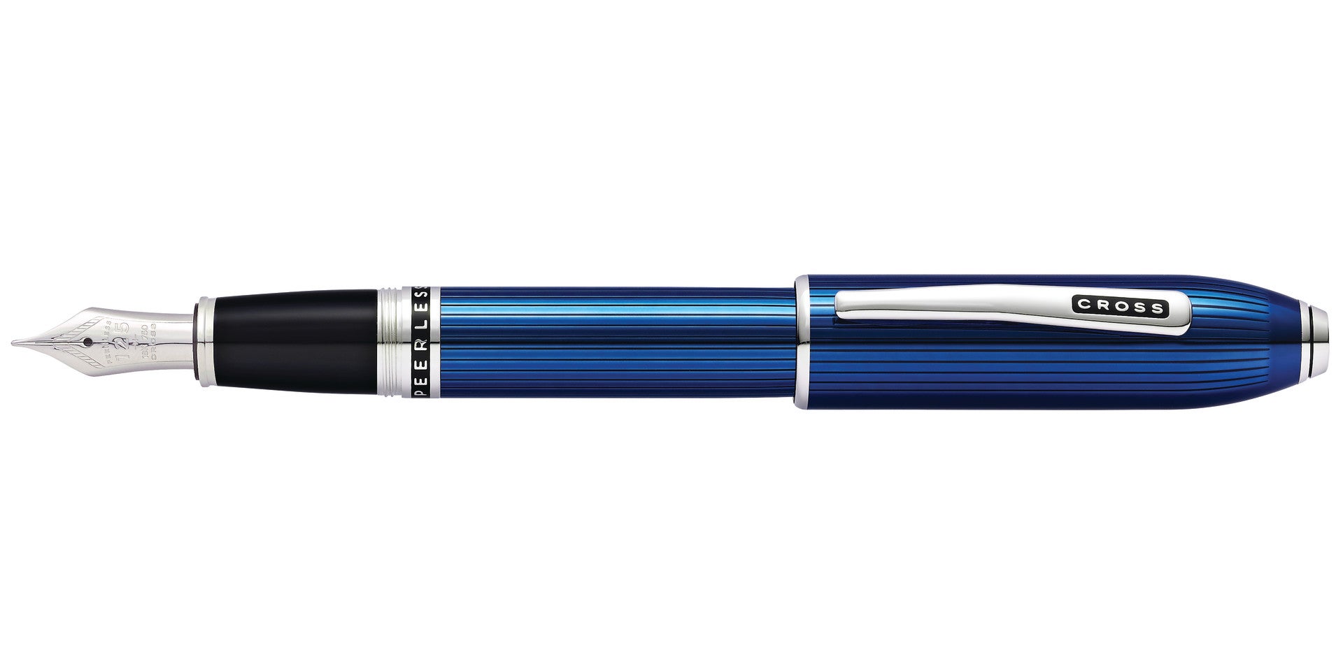 Peerless™ Translucent Quartz Blue Engraved Lacquer with Platinum Plated Appointments and Rhodium Plated 18KT Solid Gold Medium Nib Fountain Pen