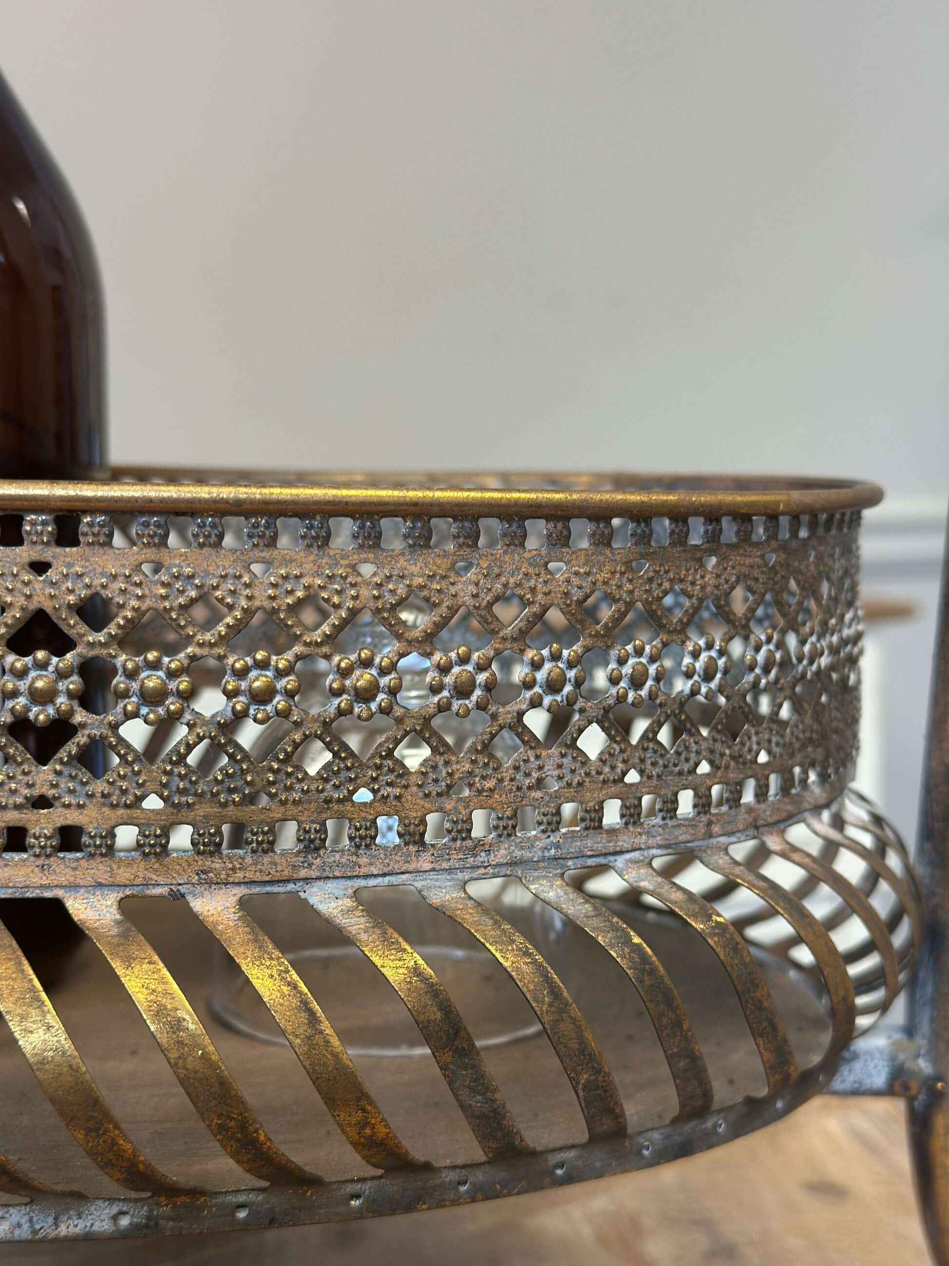 Vintage Brass 2-Tier Metal Bar Cart Stand with Ornate Detailing