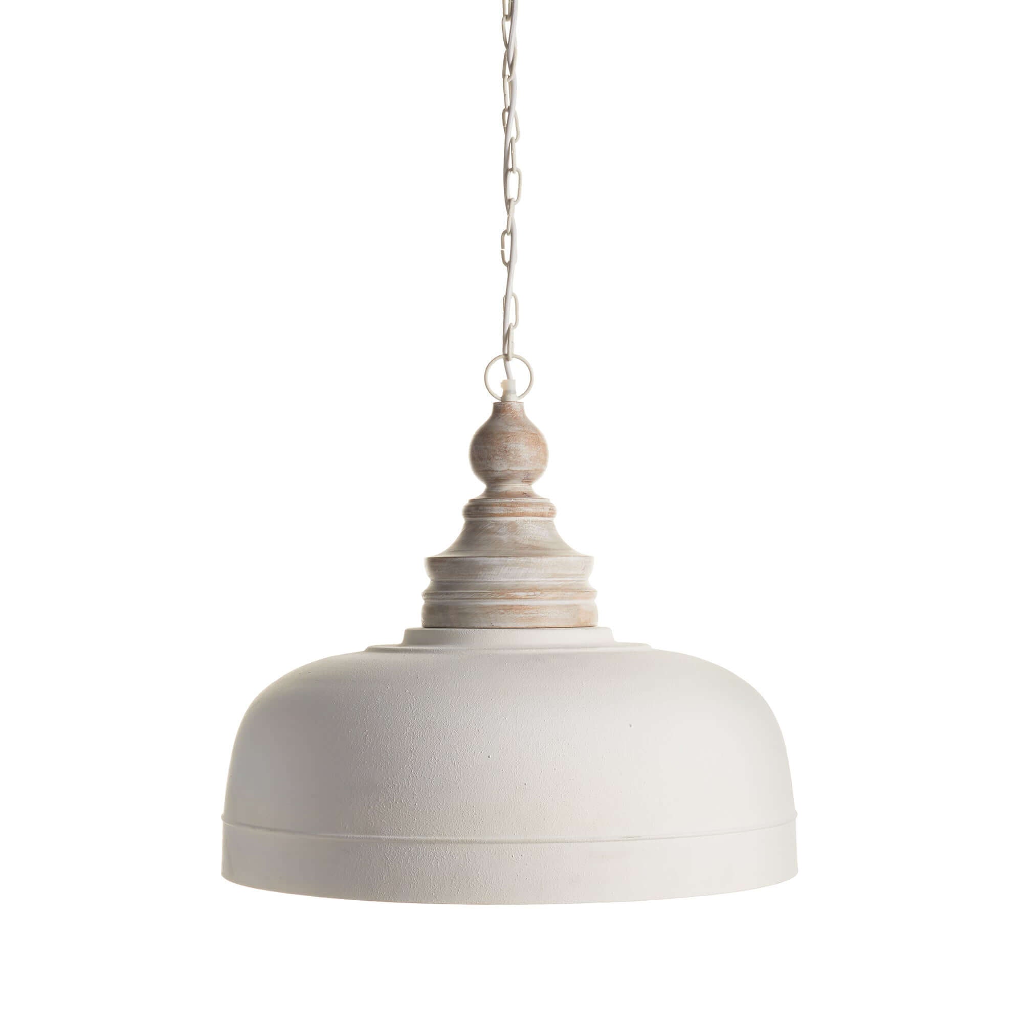 Vintage Farmhouse White Dome Pendant Light with Wood Finial