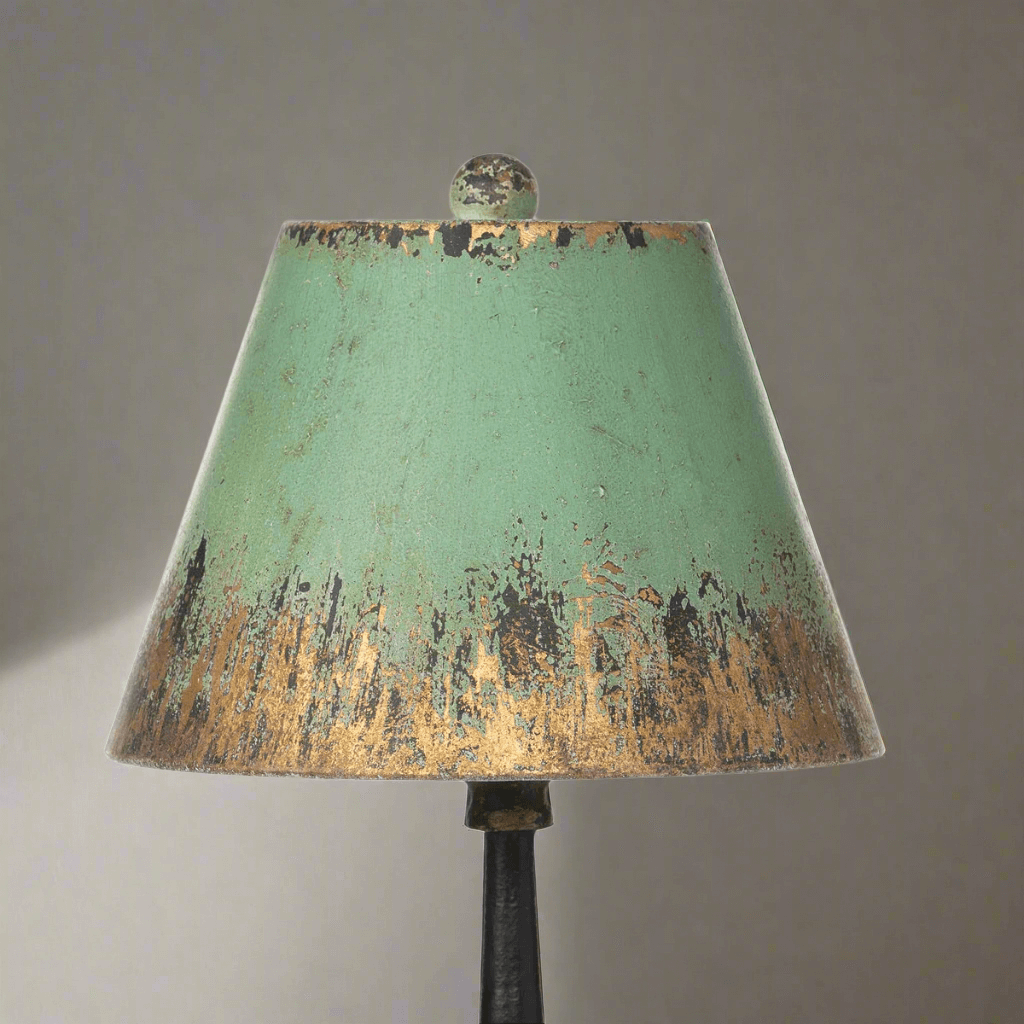 Vintage Table Lamp with Distressed Green and Gold Shade