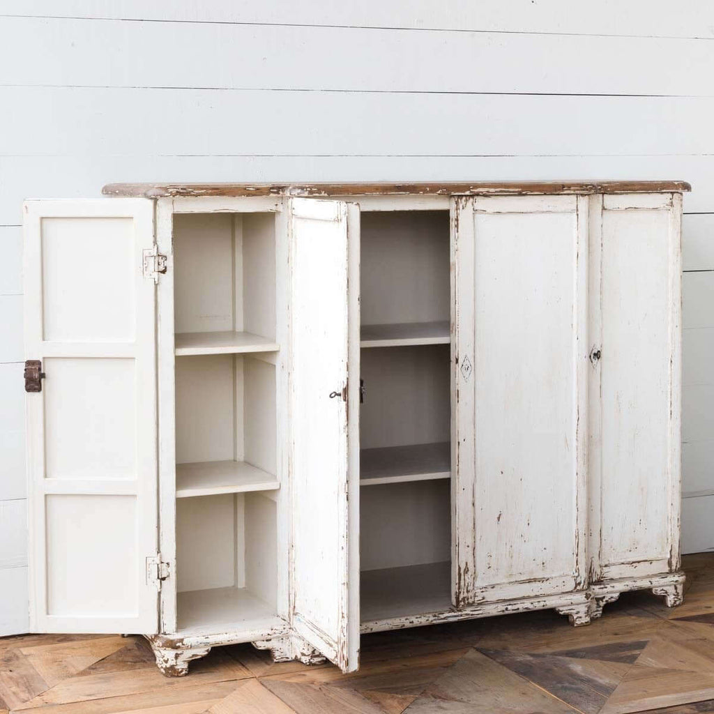 Vintage White Painted Entryway Cabinet with Distressed Wood Top