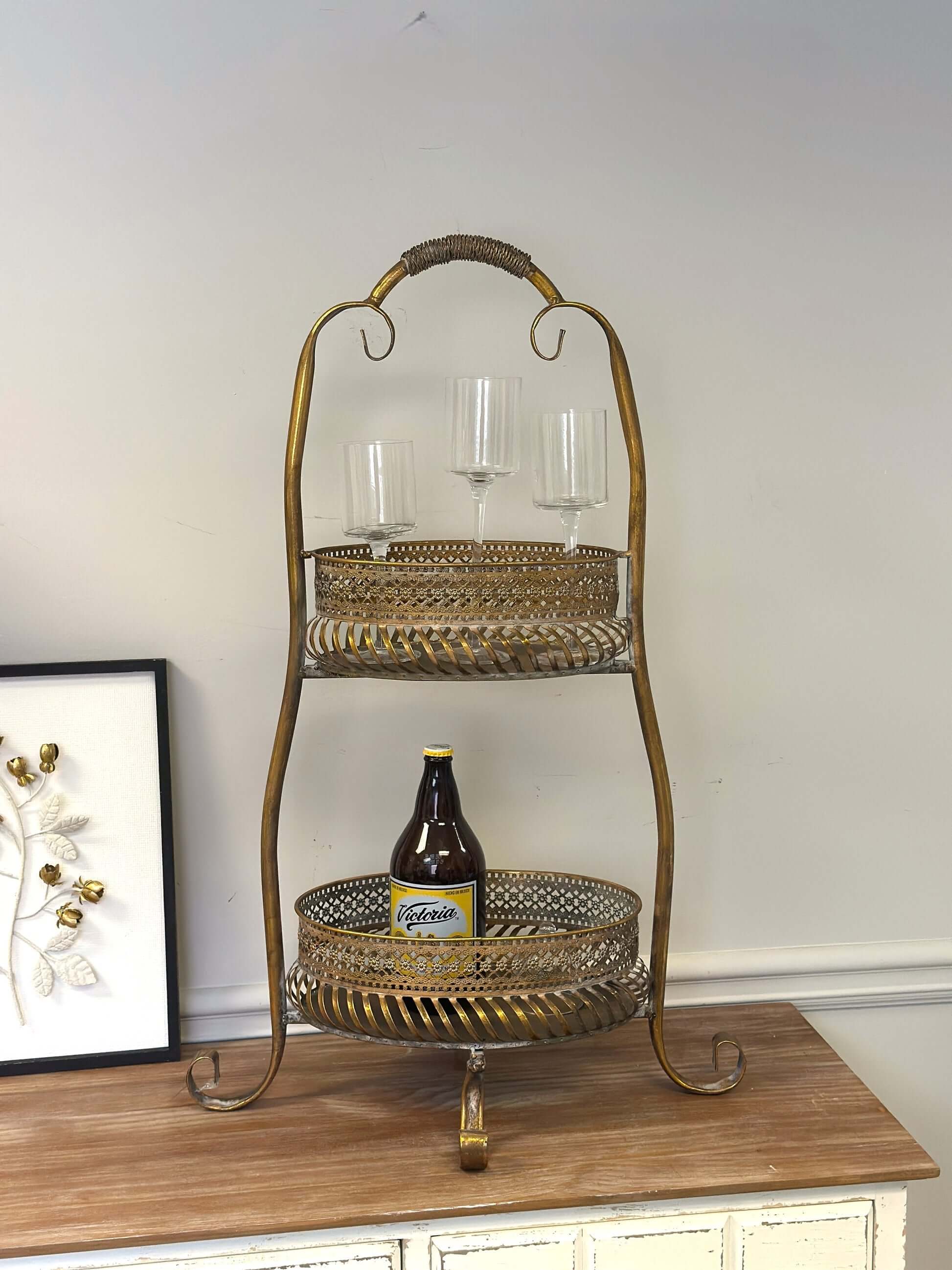 Vintage Brass 2-Tier Metal Bar Cart Stand with Ornate Detailing