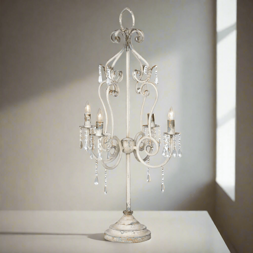 Vintage Tabletop Chandelier with Crystals and Distressed Finish