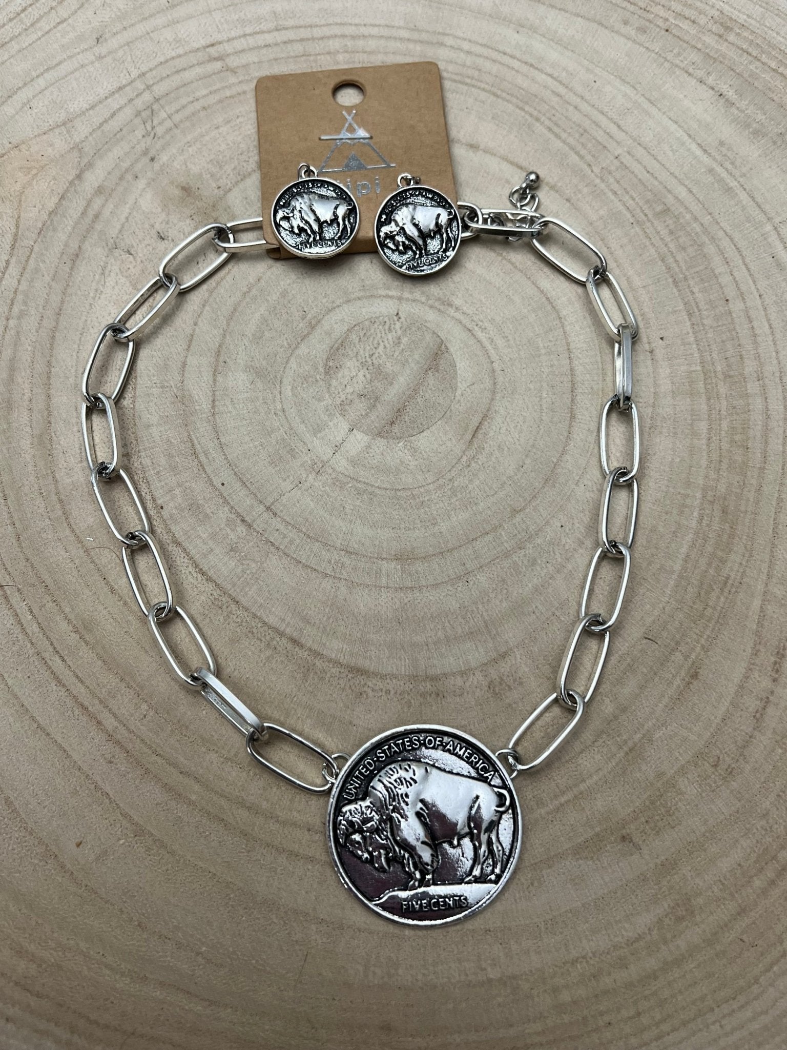 Western Large Buffalo Coin Choker & Earring Set - 14 inch + 3