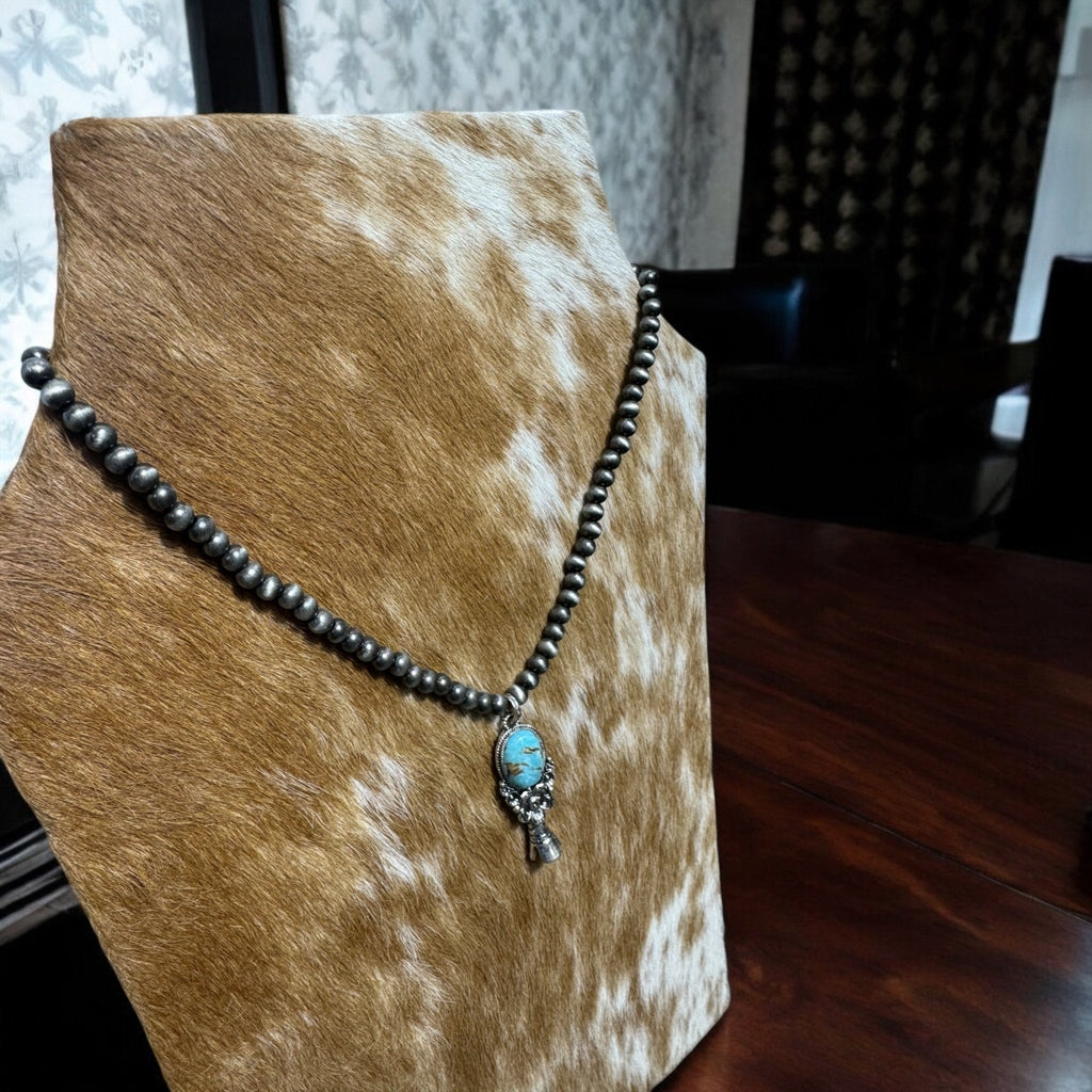 Western Style Pearl with Single Squash Blossom Pendant Necklace - 16 inch